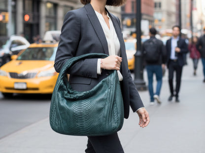 Person holding a green handbag on a city street with taxis in the background