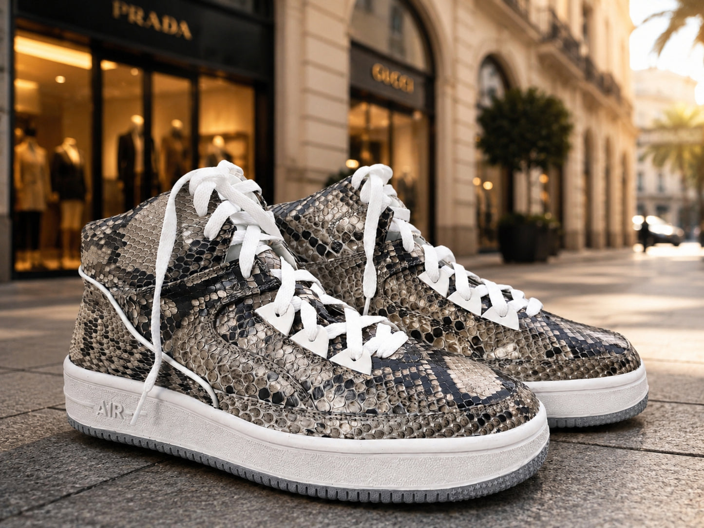 Natural Gray Python Snakeskin Leather High-Top Sneakers