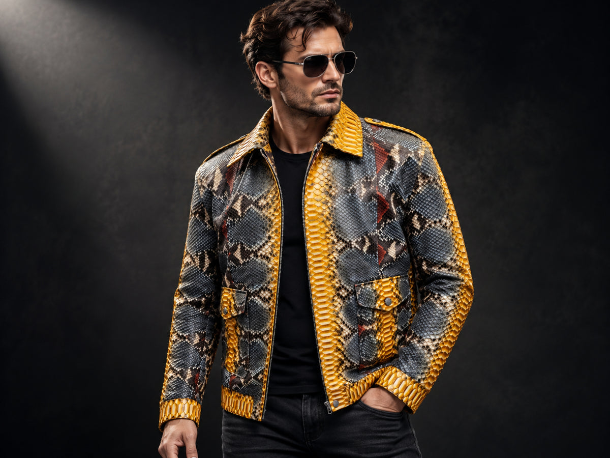 Men's mustard gold and charcoal python snakeskin leather statement jacket worn with black jeans and sunglasses, showcasing the textured collar, geometric leather pattern, and luxury biker-inspired style.