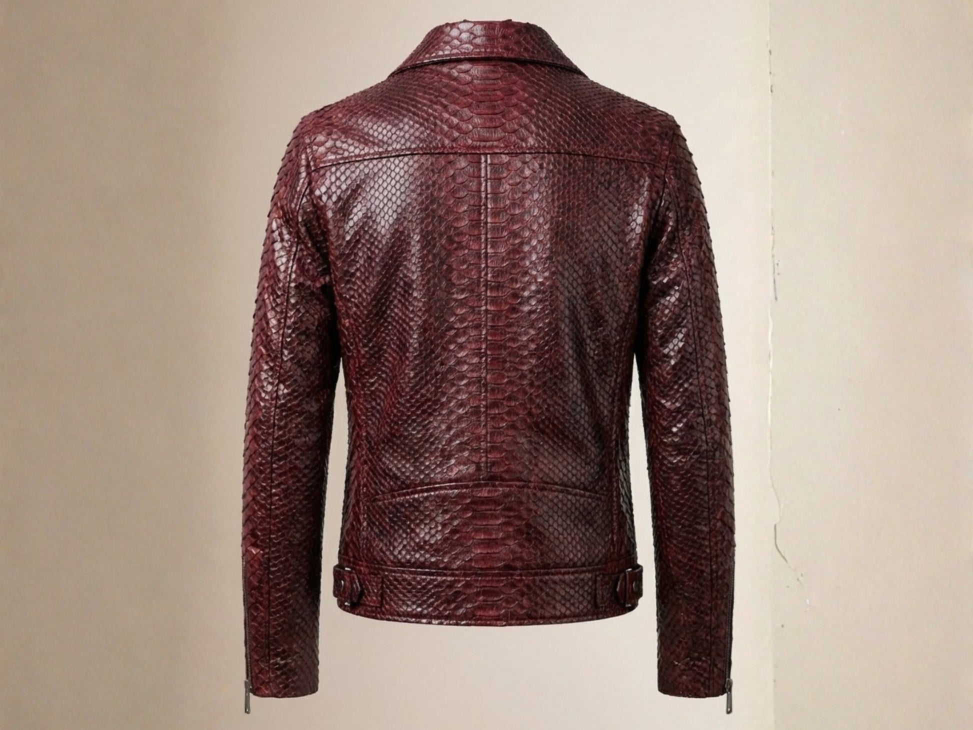 Genuine Python Snakeskin Leather Biker Jacket: Luxury Burgundy Exotic Motorcycle Jacket for Men