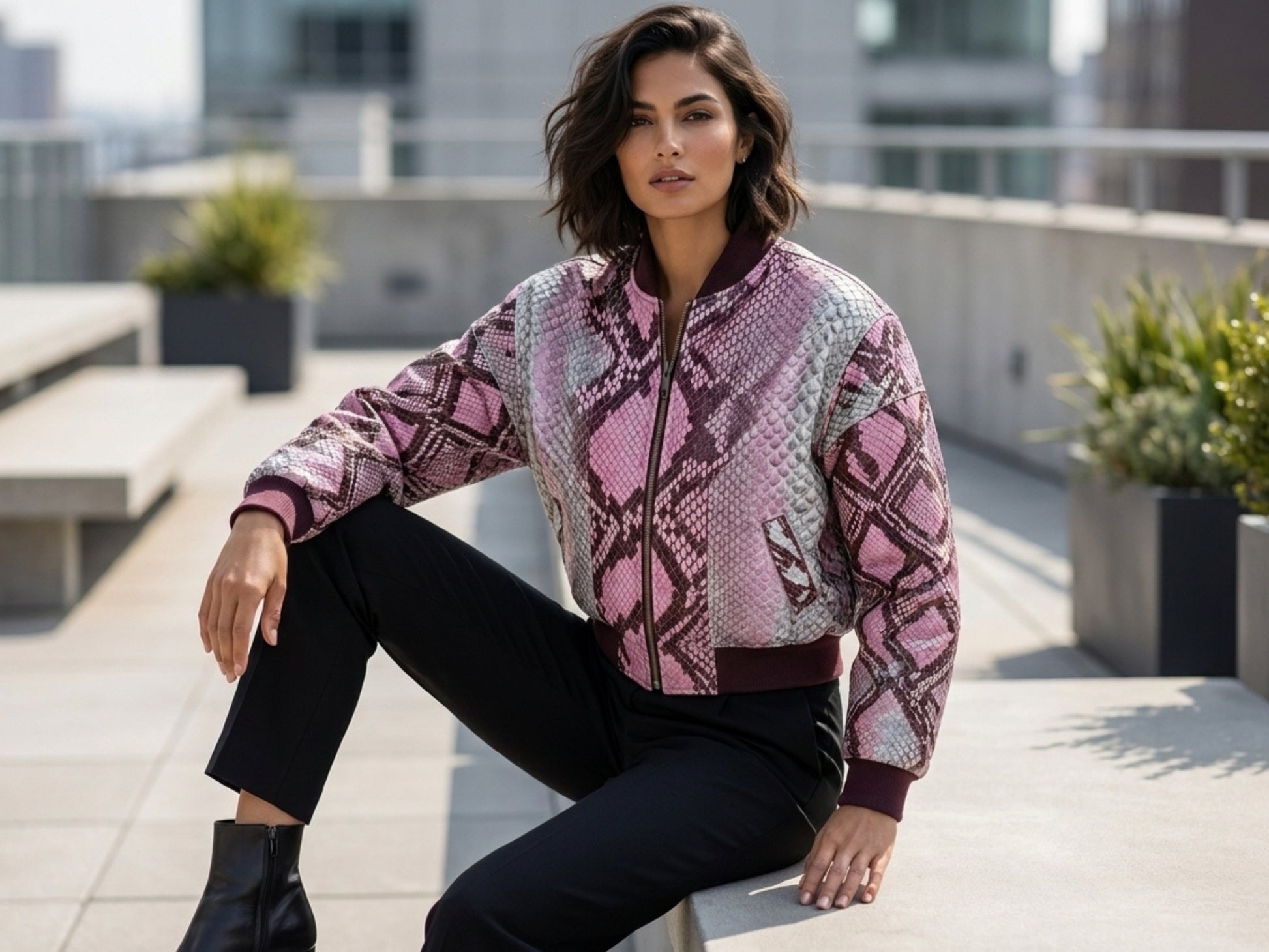 Blush Pink Python Snakeskin Bomber Jacket
