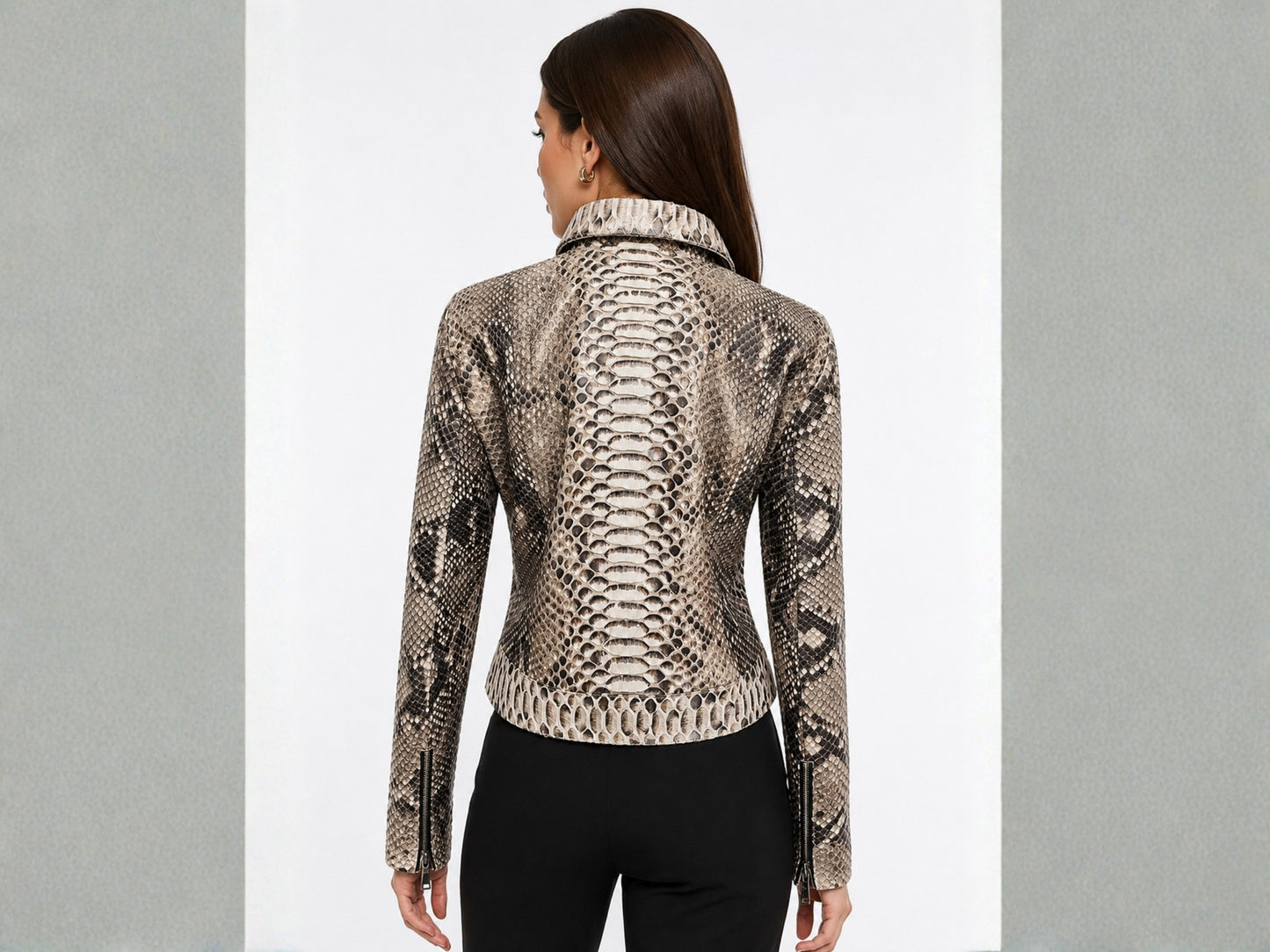 Python Snakeskin Leather Zip Jacket: Convertible Shirt Mandarin Collar