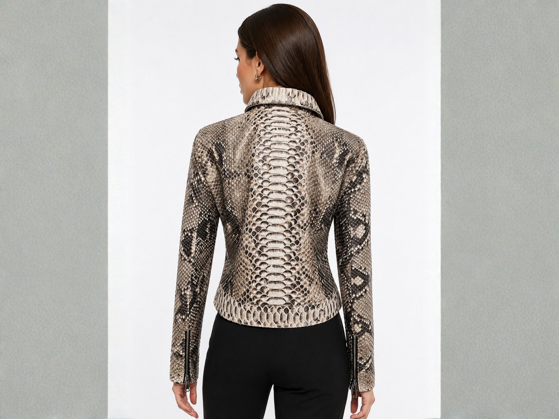 Python Snakeskin Leather Zip Jacket: Convertible Shirt Mandarin Collar