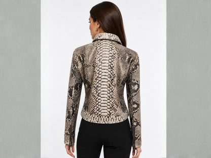 Python Snakeskin Leather Zip Jacket: Convertible Shirt Mandarin Collar