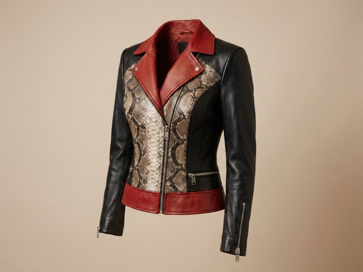 Genuine Python Snakeskin Lambskin Biker Leather Jacket: Red Accents
