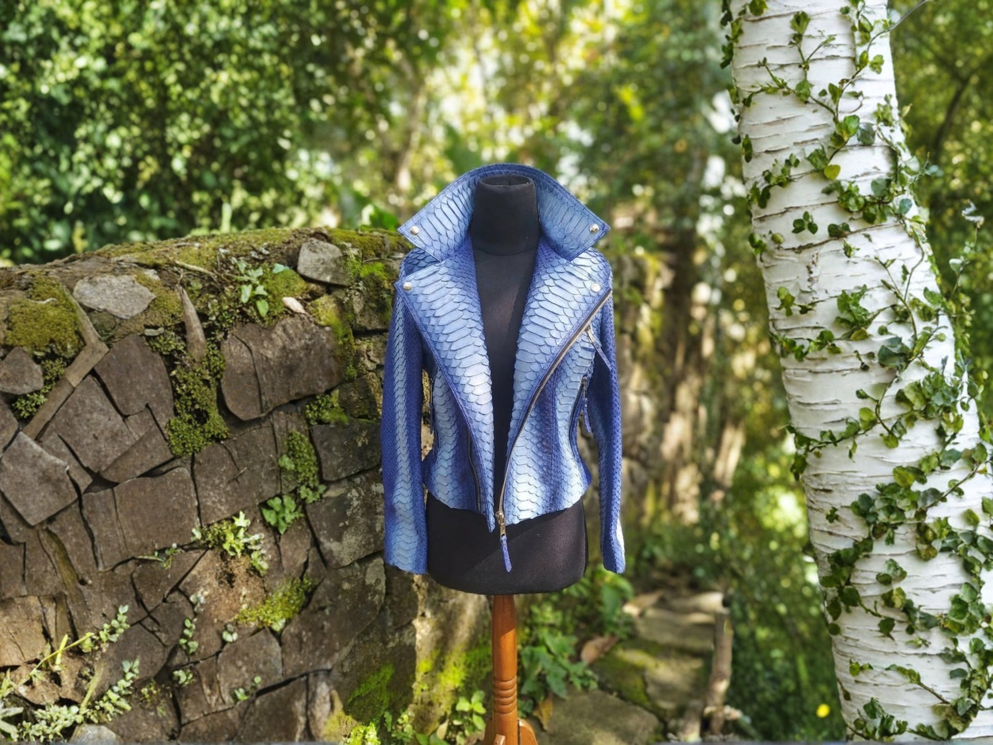 Handmade Blue Python Snakeskin Biker Jacket – Exotic Leather Moto Coat