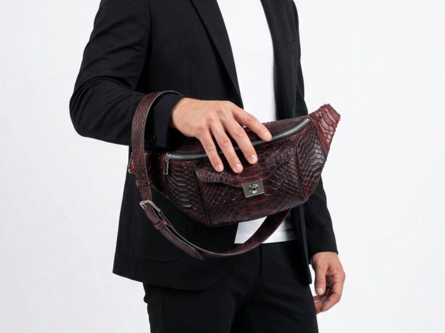 Genuine Python Snakeskin Waist Bag: Black Gradation Red Exotic Leather Fanny Pack