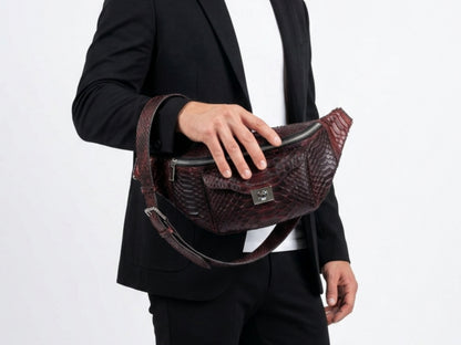 Genuine Python Snakeskin Waist Bag: Black Gradation Red Exotic Leather Fanny Pack