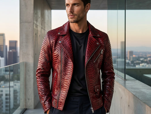 Genuine Python Snakeskin Leather Biker Jacket: Red Exotic Motorcycle Jacket