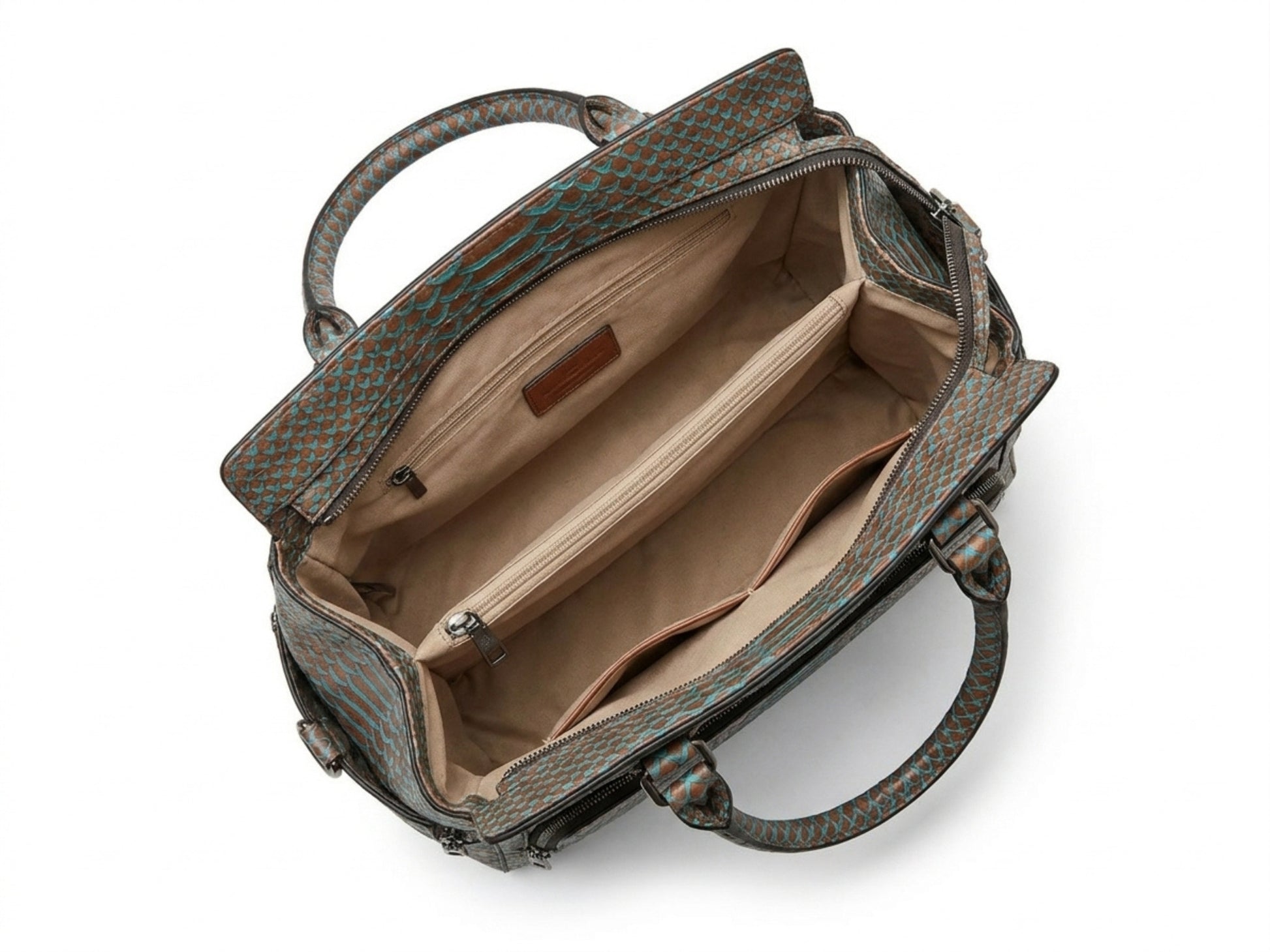 Brown Turquoise Python Snakeskin Leather Satchel Tote