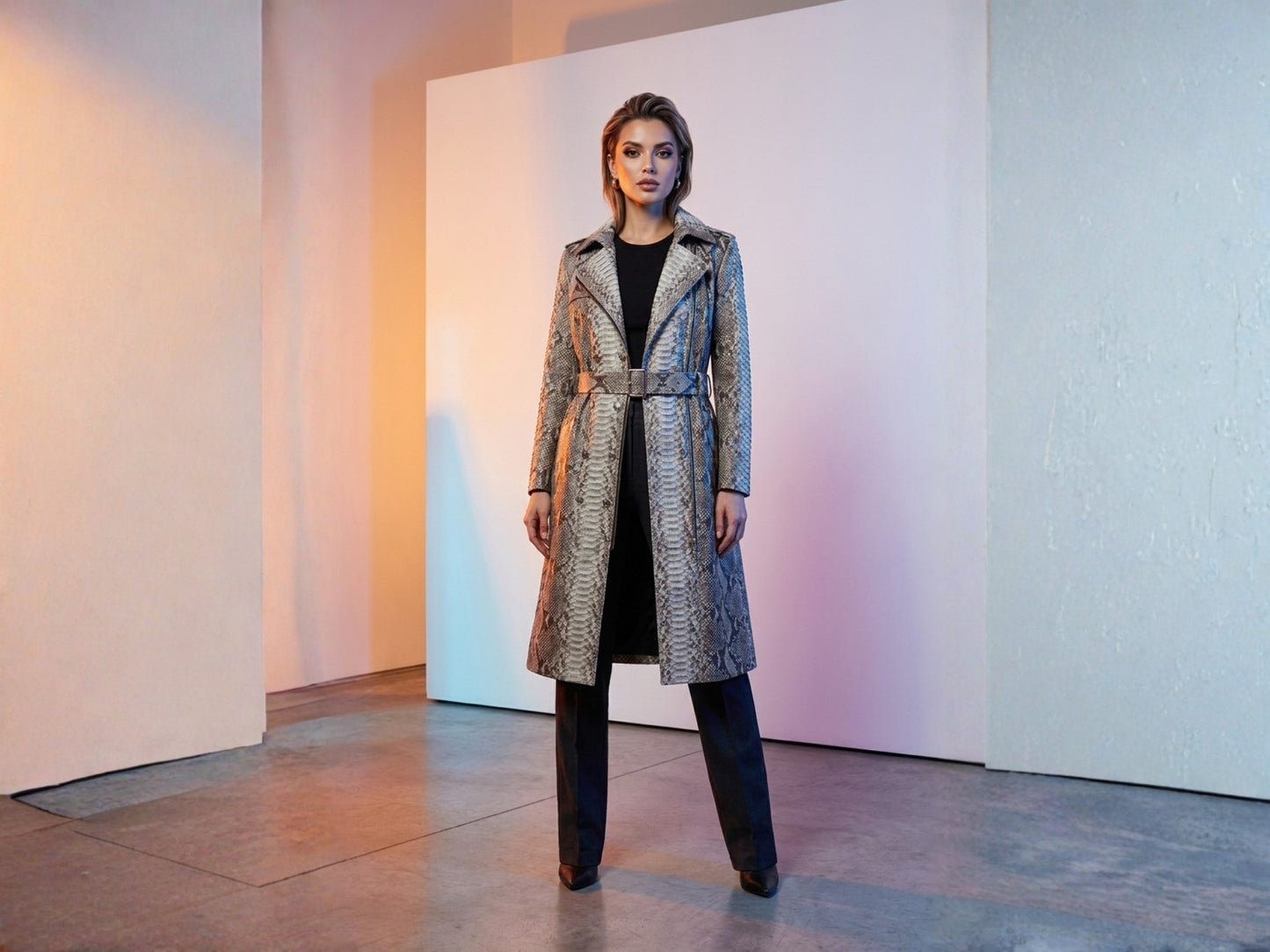 Gray Python Snakeskin Women Trench Coat