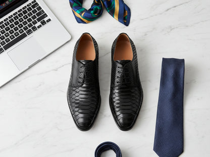 Genuine Black Python Snakeskin Oxford Shoes for Men: Handmade Exotic Leather Dress Shoes