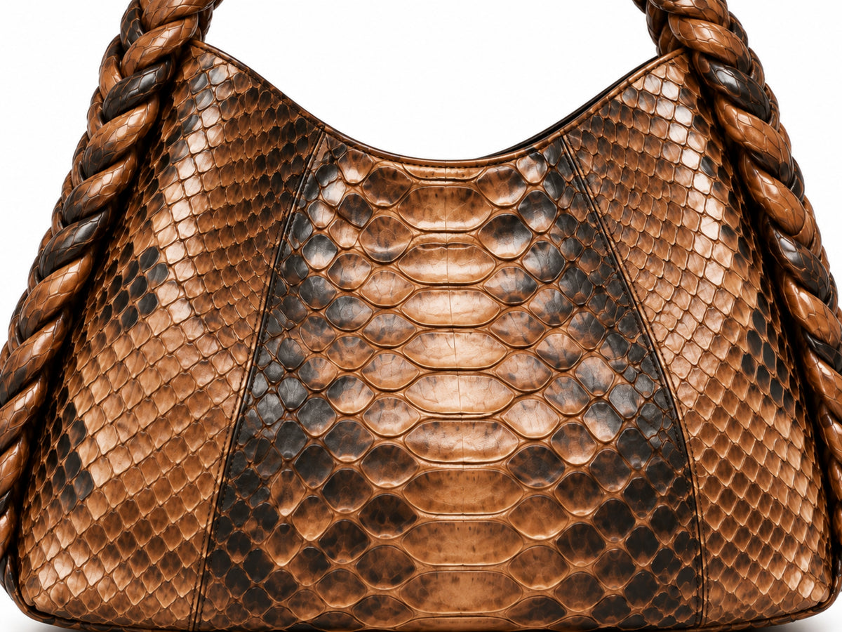 Genuine Python Snakeskin Shoulder Hobo Bag - Cognac Brown