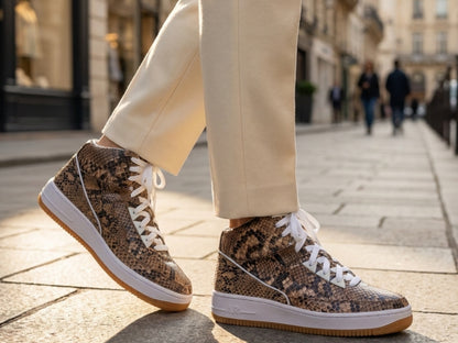 Brown Python Snakeskin Leather High-Top Sneakers
