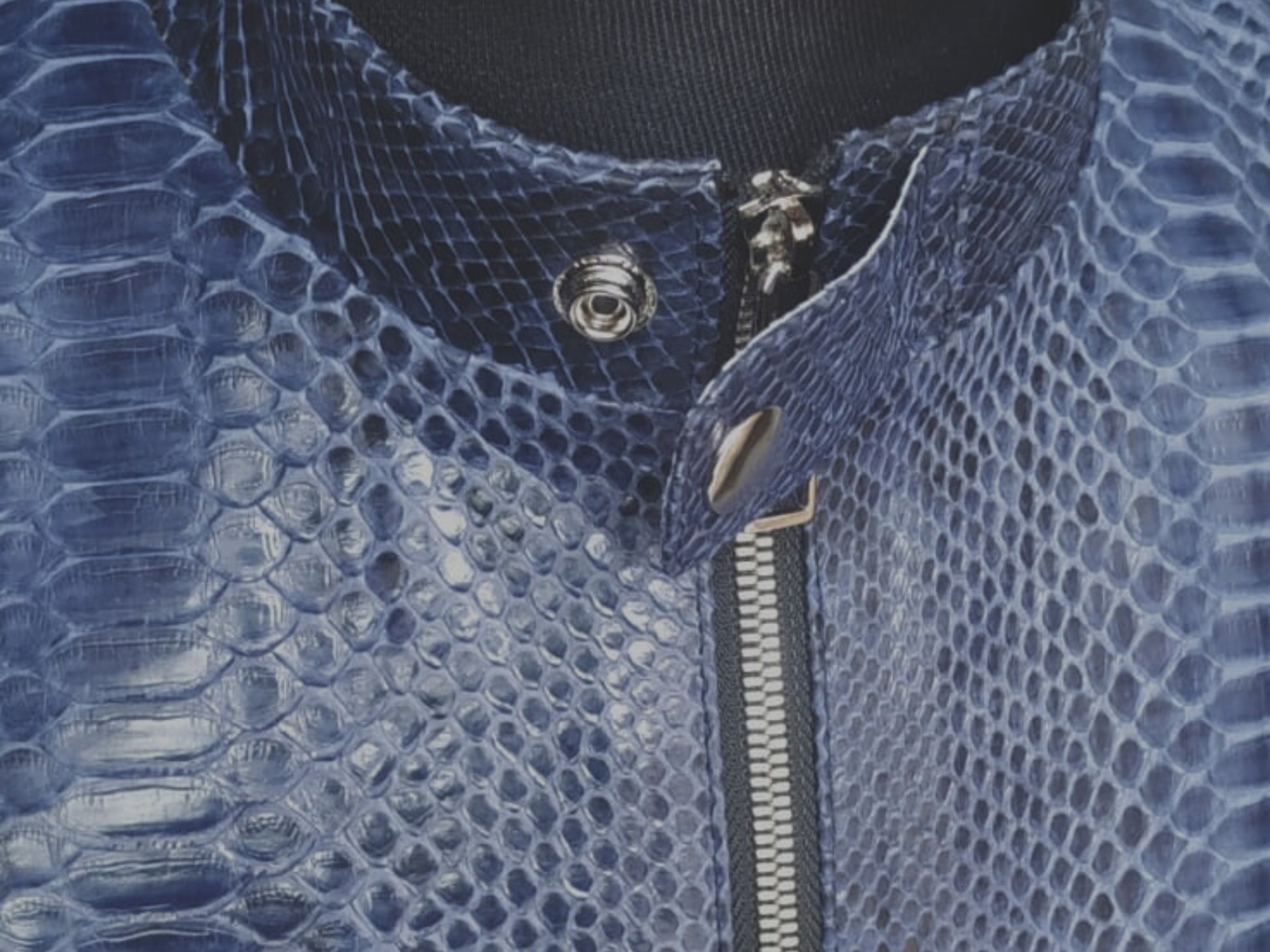 Snakeskin Leather Jacket Front Pockets Round Collar - 2