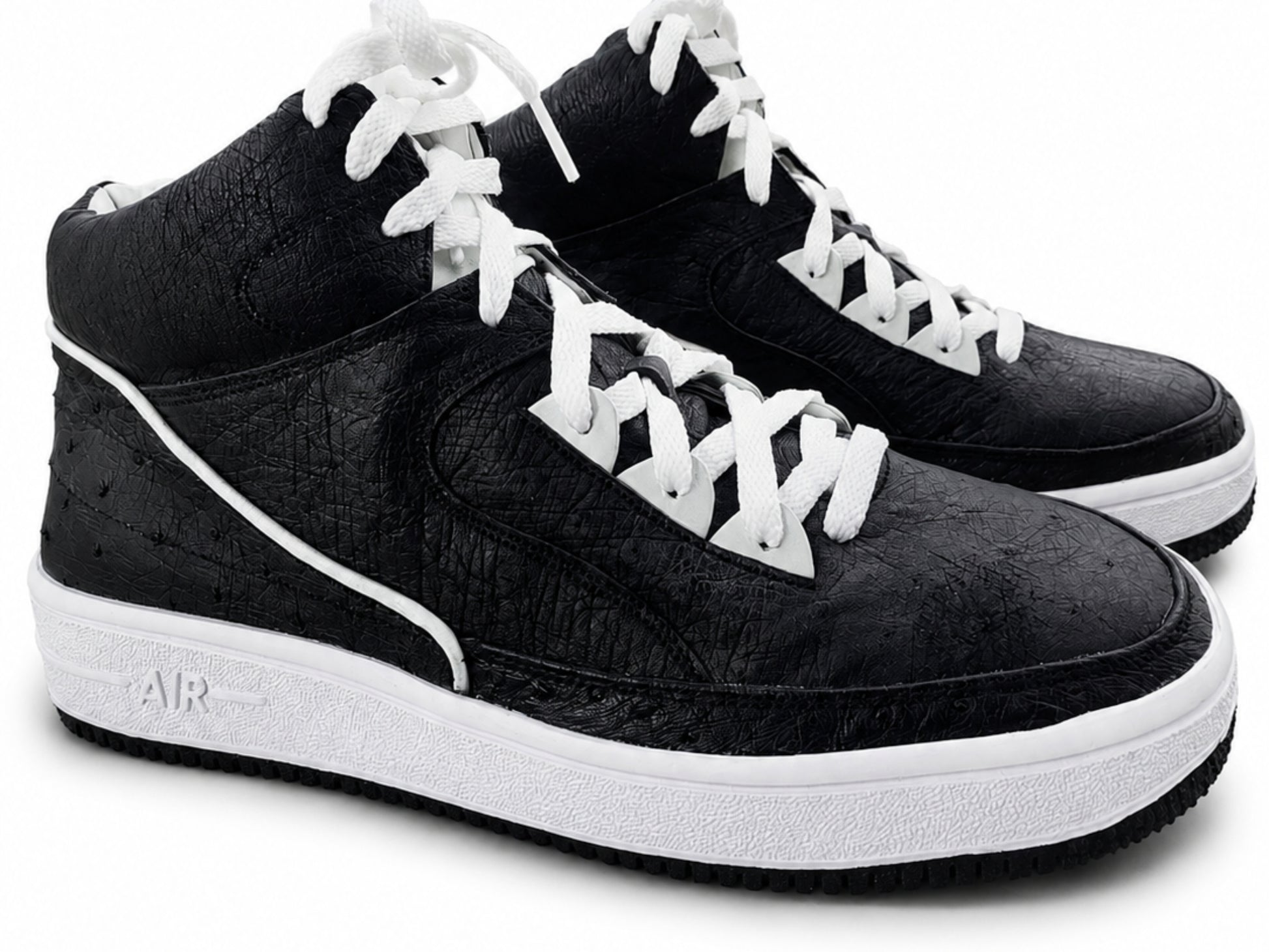 Black Ostrich Skin Leather High-Top Sneakers