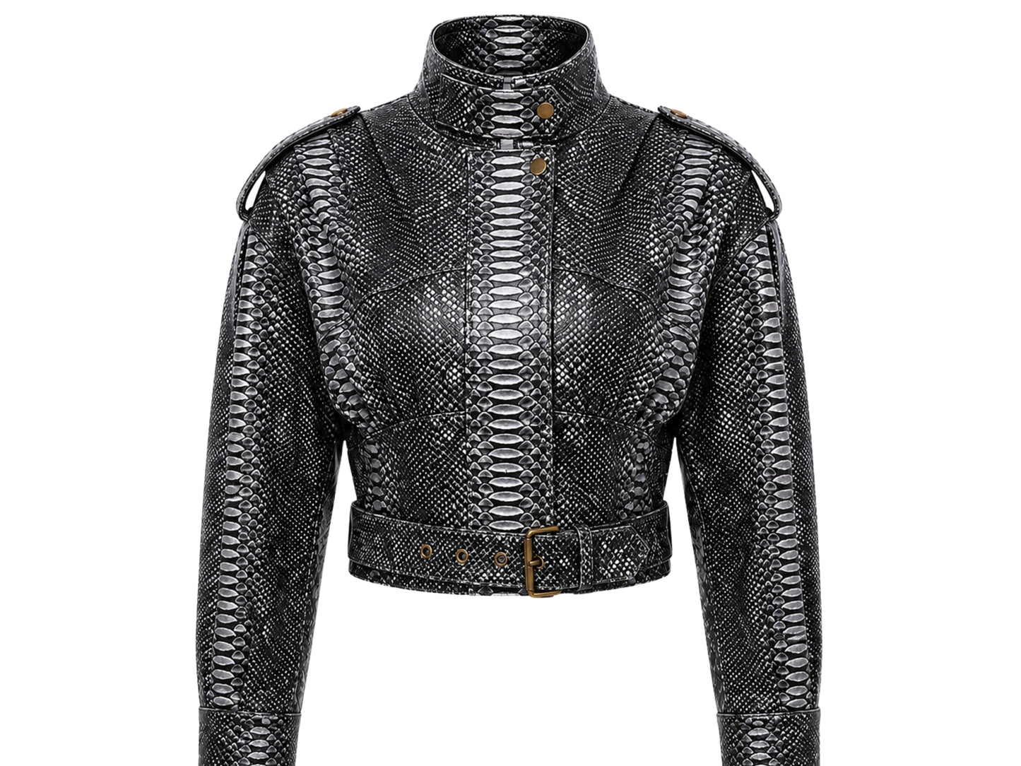 A cropped black snakeskin leather jacket with a high stand-up collar, shoulder epaulets, front zipper, and a matching waist belt with a gold-tone buckle, shown on a plain white background.