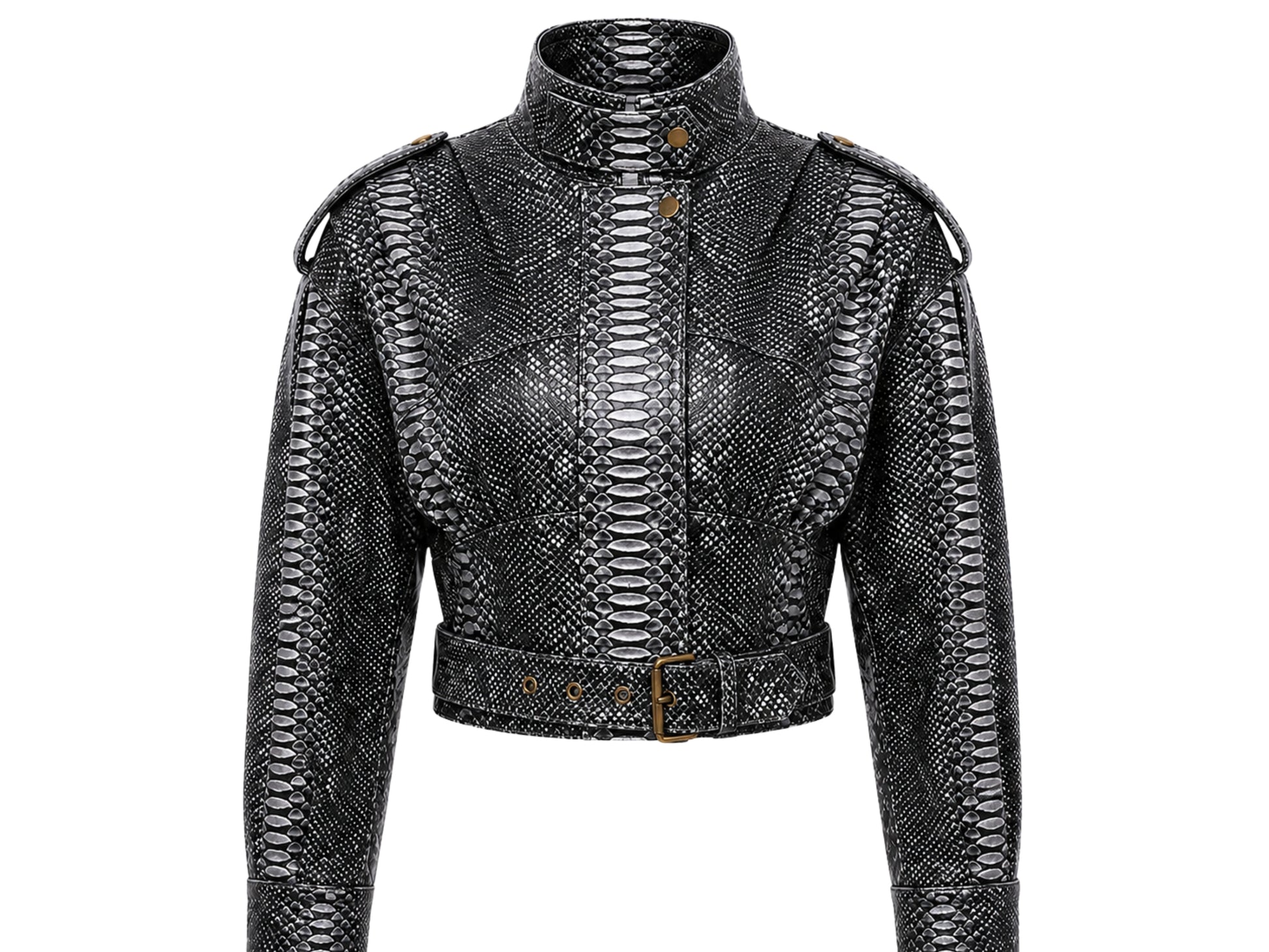 A cropped black snakeskin leather jacket with a high stand-up collar, shoulder epaulets, front zipper, and a matching waist belt with a gold-tone buckle, shown on a plain white background.