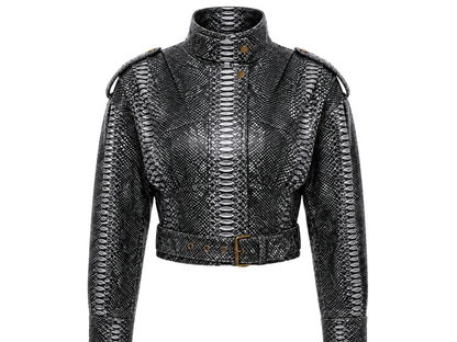 A cropped black snakeskin leather jacket with a high stand-up collar, shoulder epaulets, front zipper, and a matching waist belt with a gold-tone buckle, shown on a plain white background.