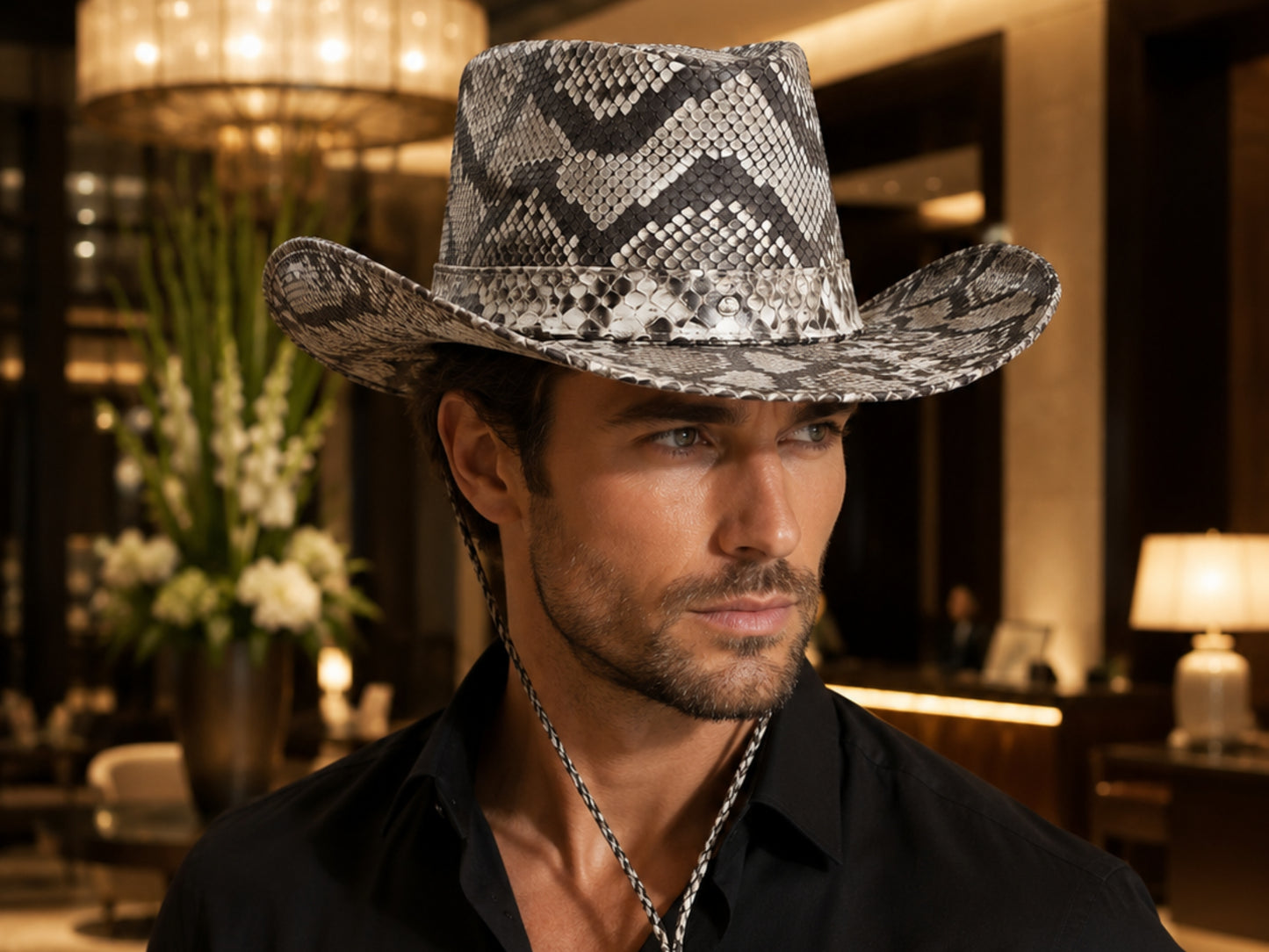 A man wearing a black and white snakeskin-patterned cowboy hat, styled with a silver chain necklace and a black shirt, set against a warm, upscale interior background.