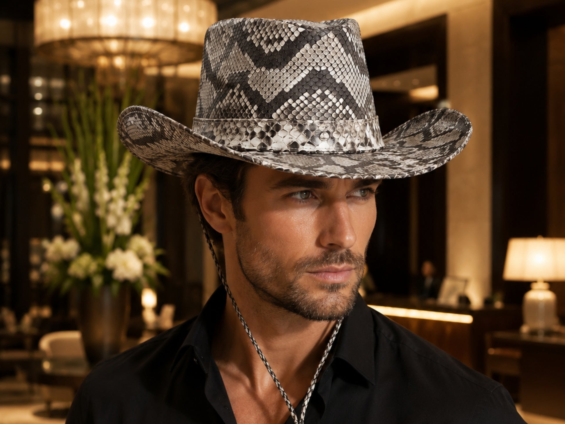 A man wearing a black and white snakeskin-patterned cowboy hat, styled with a silver chain necklace and a black shirt, set against a warm, upscale interior background.