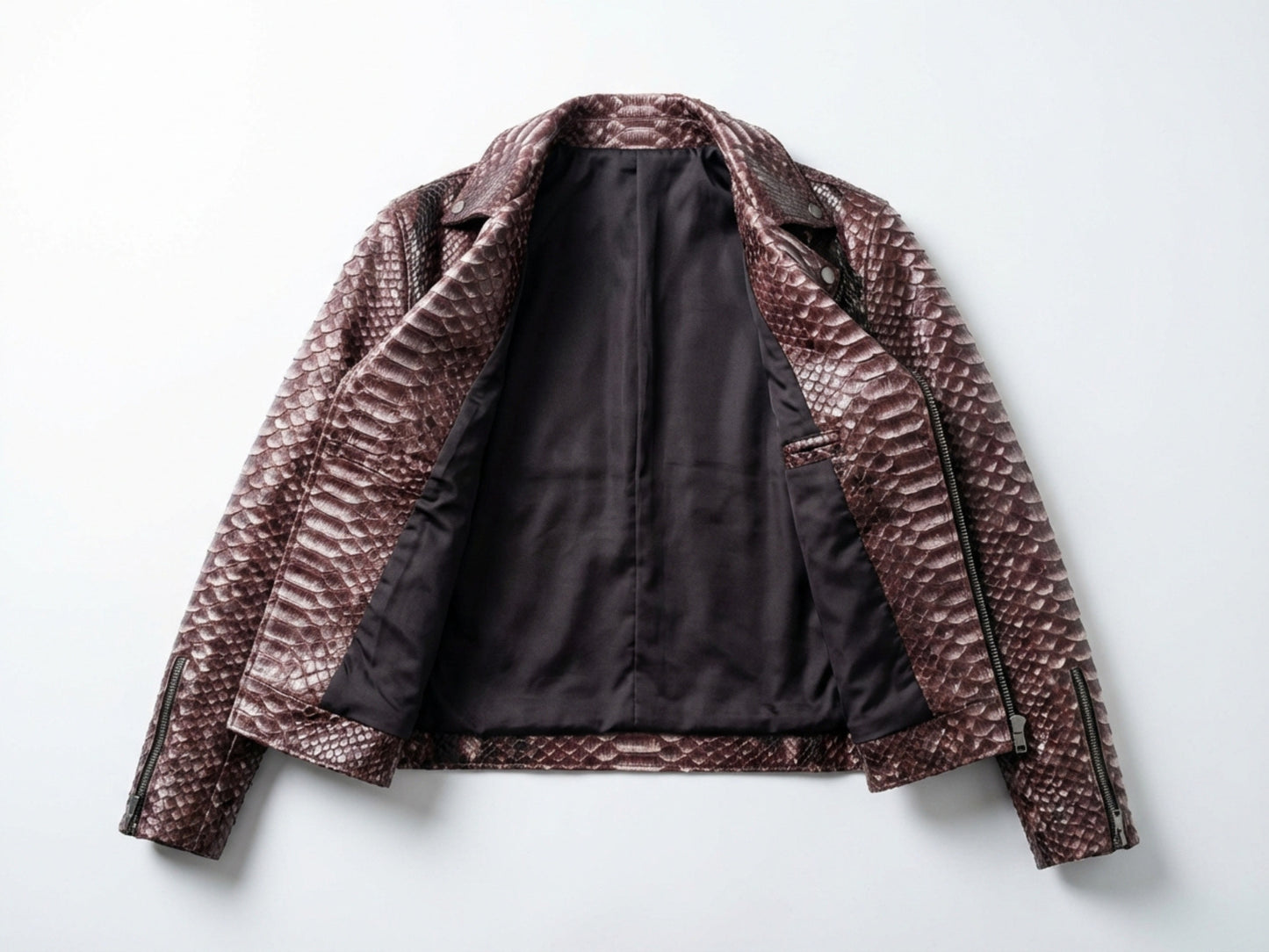 Genuine Python Snakeskin Leather Biker Jacket: Gradient Burgundy Exotic Motorcycle Jacket