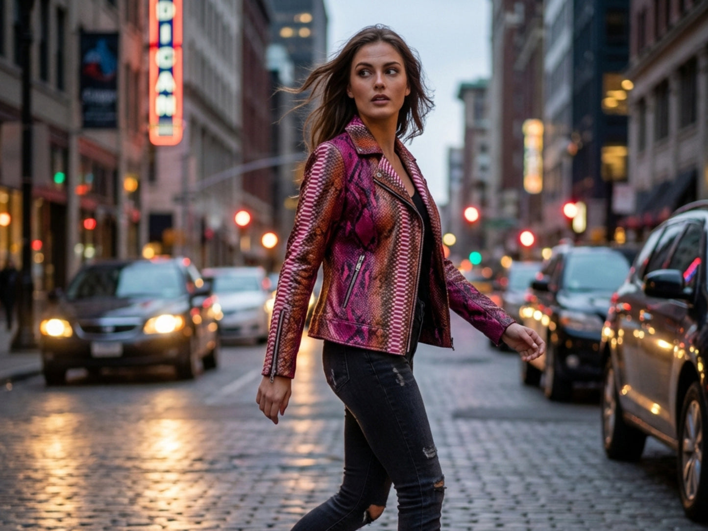 Genuine Python Snakeskin Leather Biker Jacket for Women: Pink Brown Exotic Motorcycle Jacket