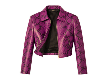 magenta python snakeskin jacket open front interior lining