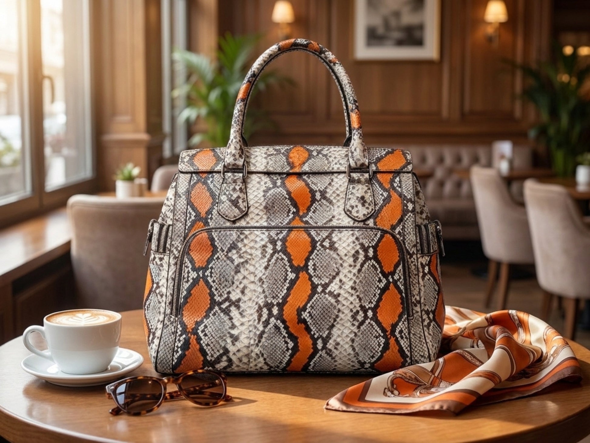 Orange Python Snakeskin Leather Satchel Tote