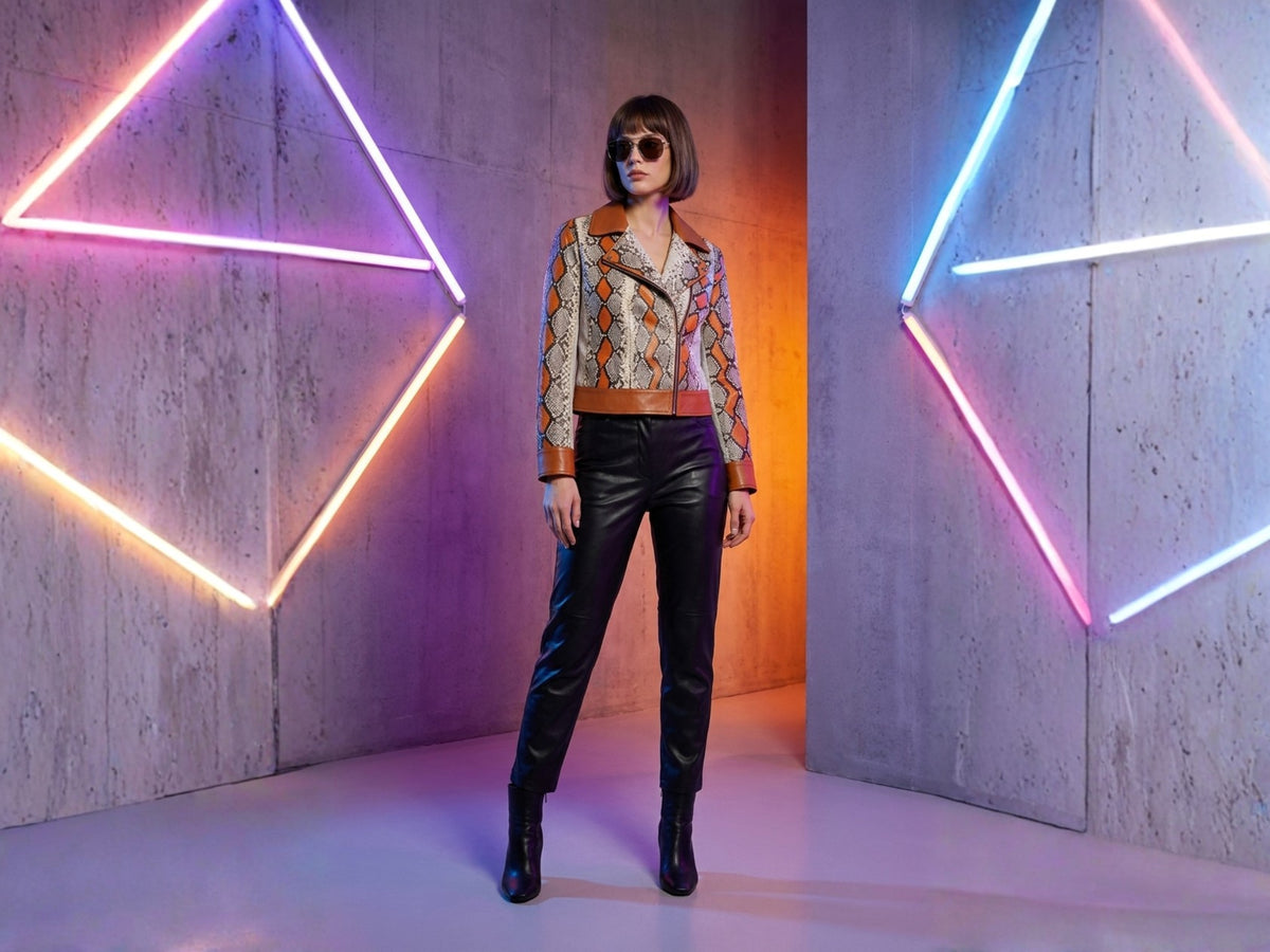 Python Snakeskin Biker Leather Jacket: Multi-Color Orange