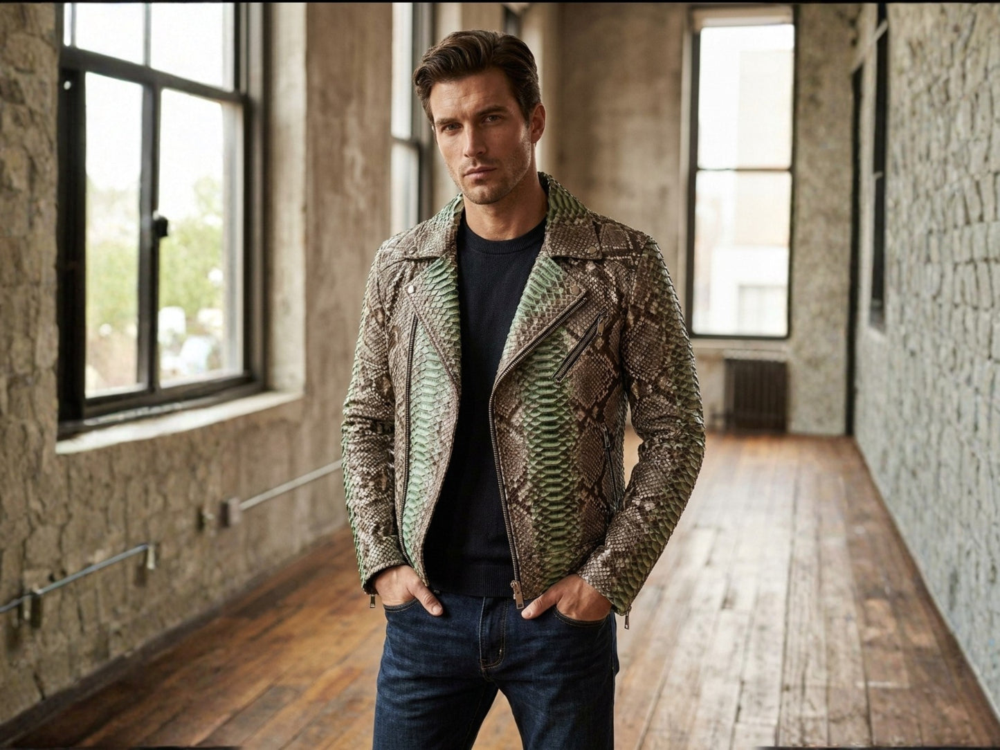 Genuine Python Snakeskin Leather Biker Jacket: Natural Gray with Green Gradation
