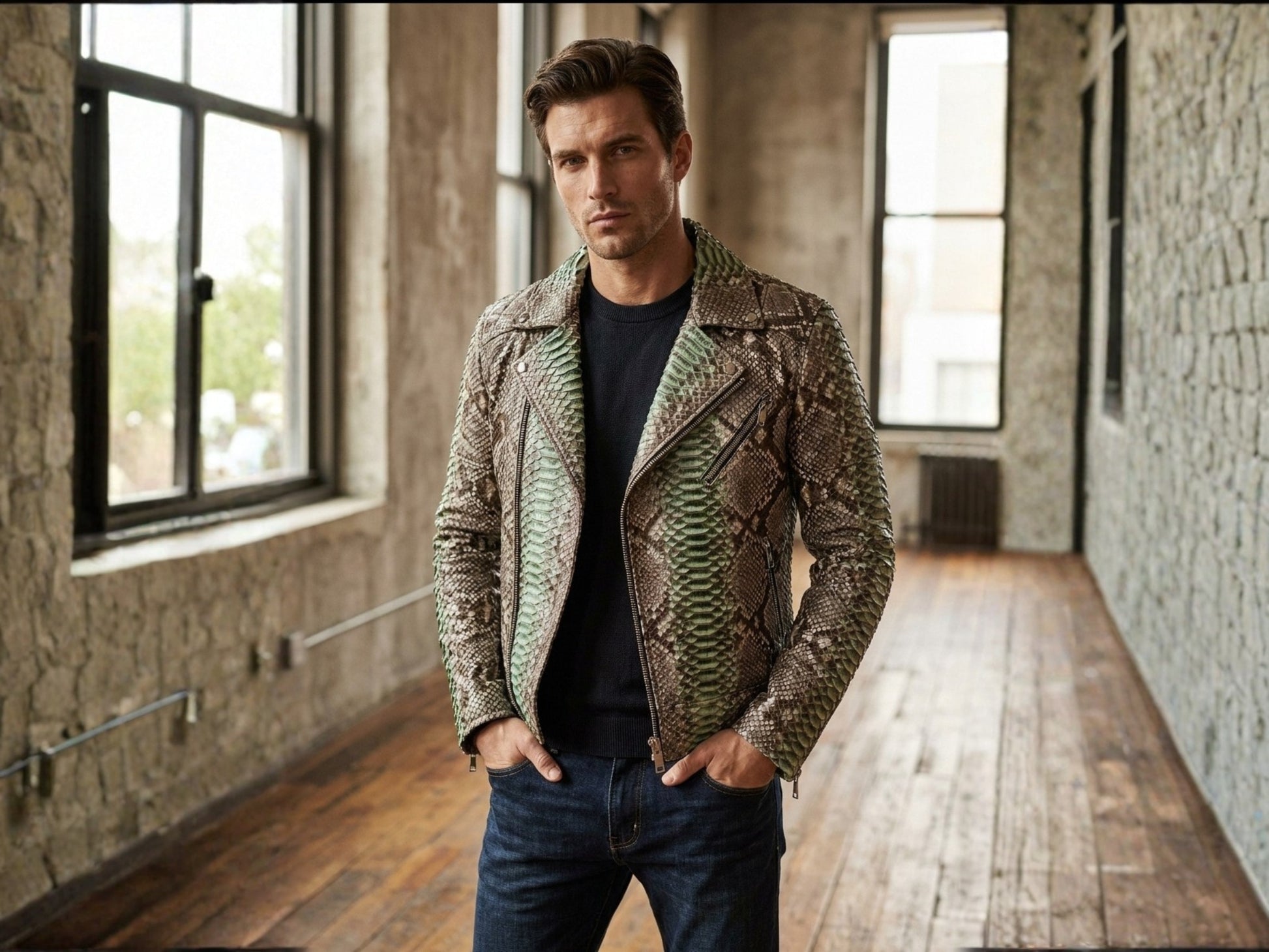 Genuine Python Snakeskin Leather Biker Jacket: Natural Gray with Green Gradation