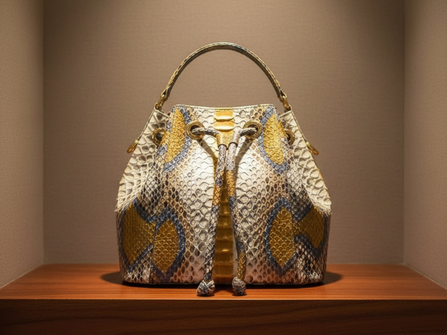 Genuine Python Snakeskin Bucket Bag: Handcrafted Exotic Leather Shoulder Purse for Women