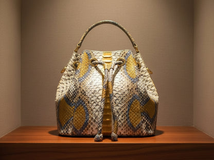 Genuine Python Snakeskin Bucket Bag: Handcrafted Exotic Leather Shoulder Purse for Women