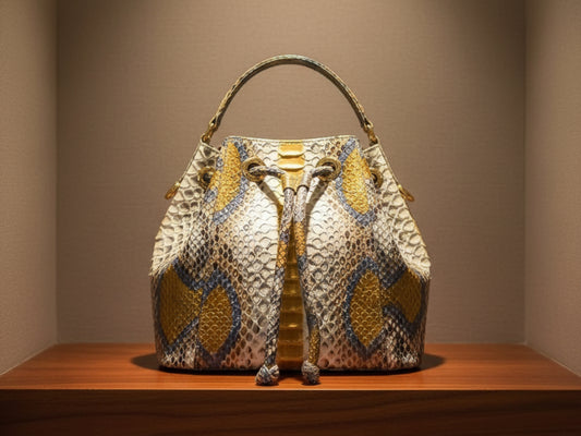 Genuine Python Snakeskin Bucket Bag: Handcrafted Exotic Leather Shoulder Purse for Women