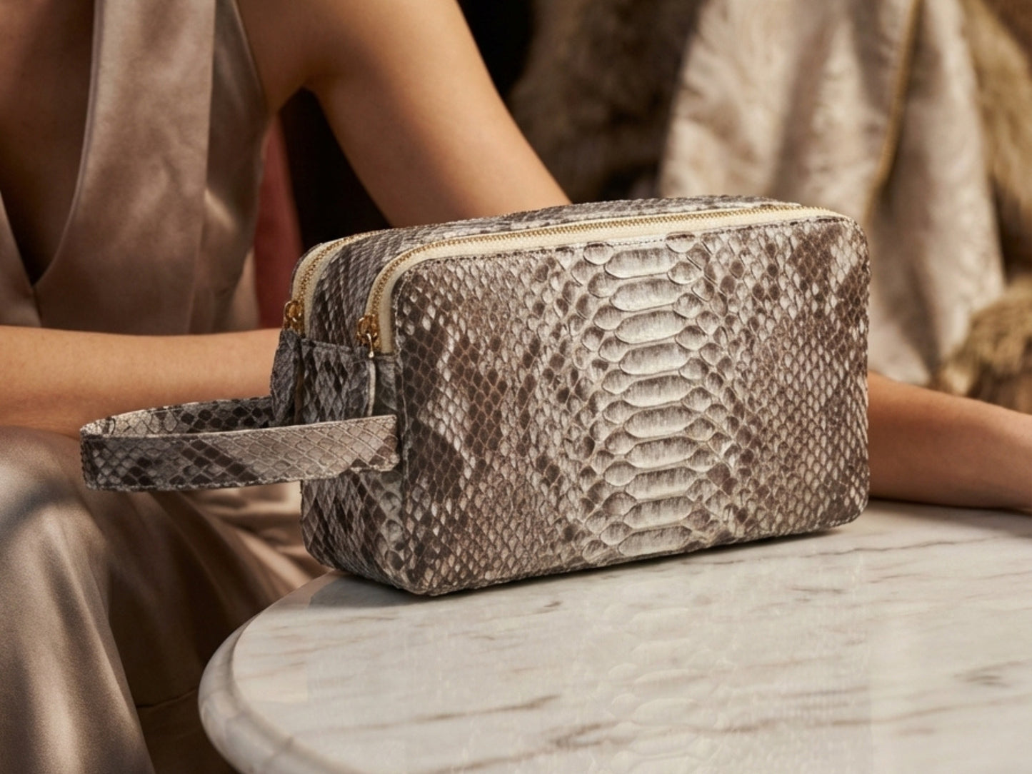 Genuine Python Snakeskin Leather Bag: Double Zipper Travel Case