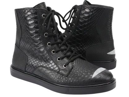 Genuine Python & Stingray Leather Boots: Black Exotic Snakeskin Unisex Combat Boots