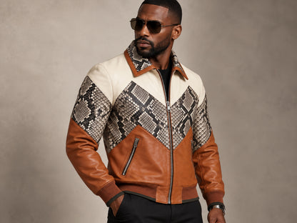 Men's Bomber Jacket | Genuine Python Snakeskin | Lambskin Leather | Cream Brown
