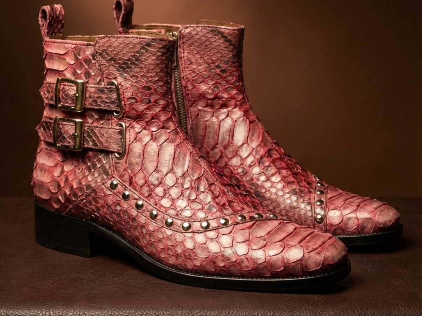 Genuine Python Snakeskin Boots | Unisex Exotic Leather Ankle Boots with Buckle & Stud Design