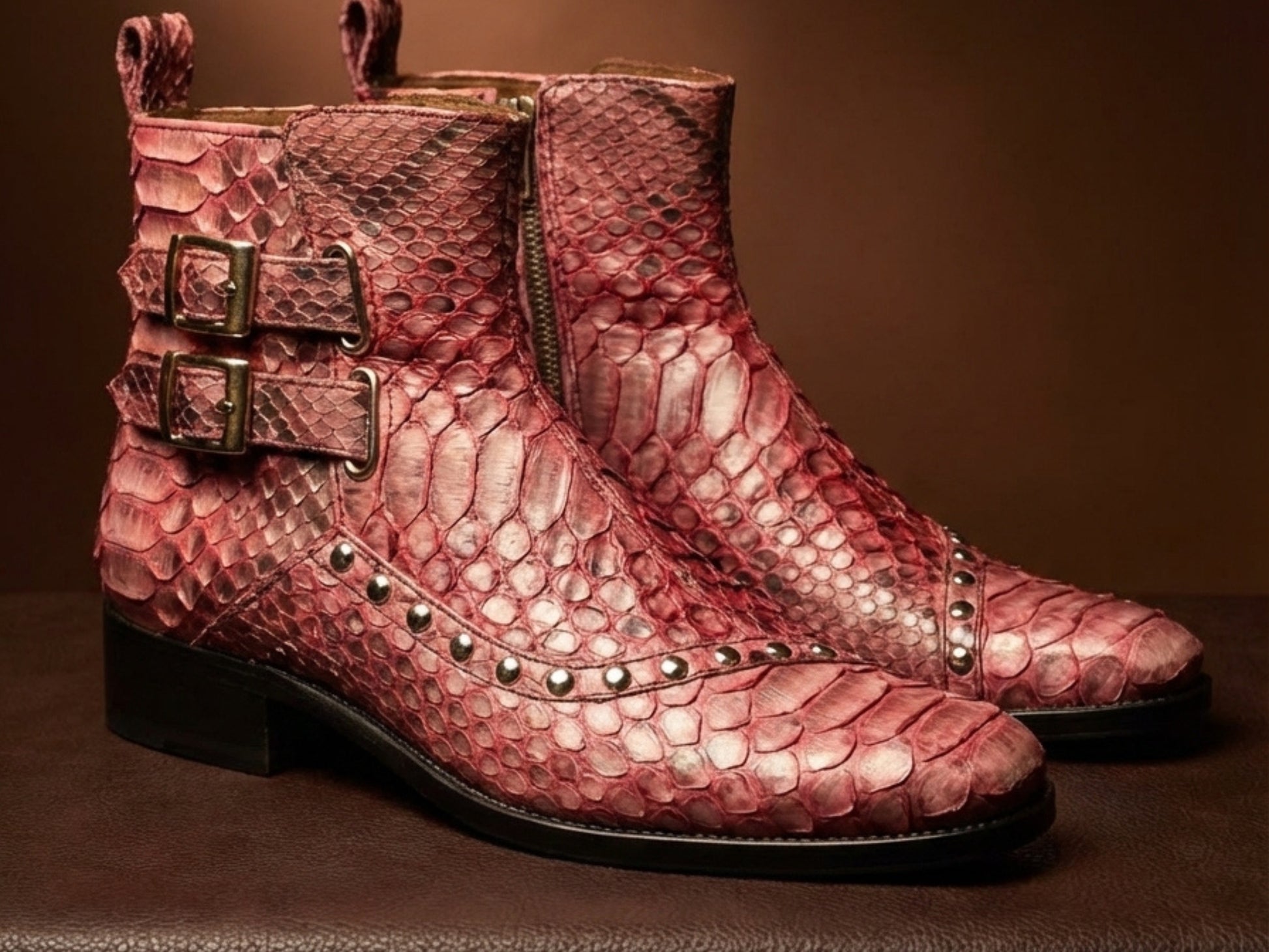 Genuine Python Snakeskin Boots | Unisex Exotic Leather Ankle Boots with Buckle & Stud Design