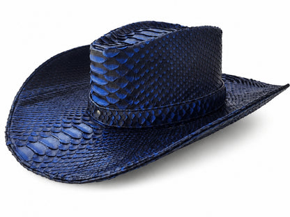 A dark blue python-textured cowboy hat with a matching band, shown on a clean white background.