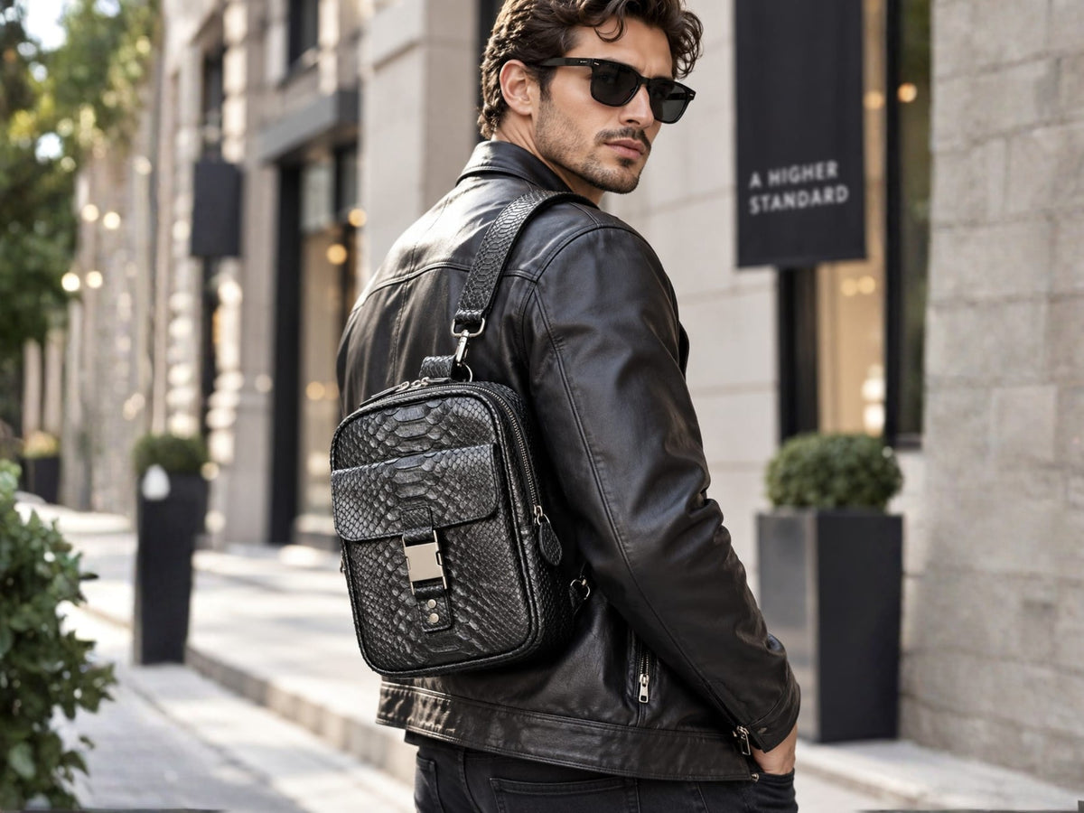 A man wearing a black leather jacket and sunglasses carries a black snakeskin-leather crossbody bag with silver hardware on a city street.