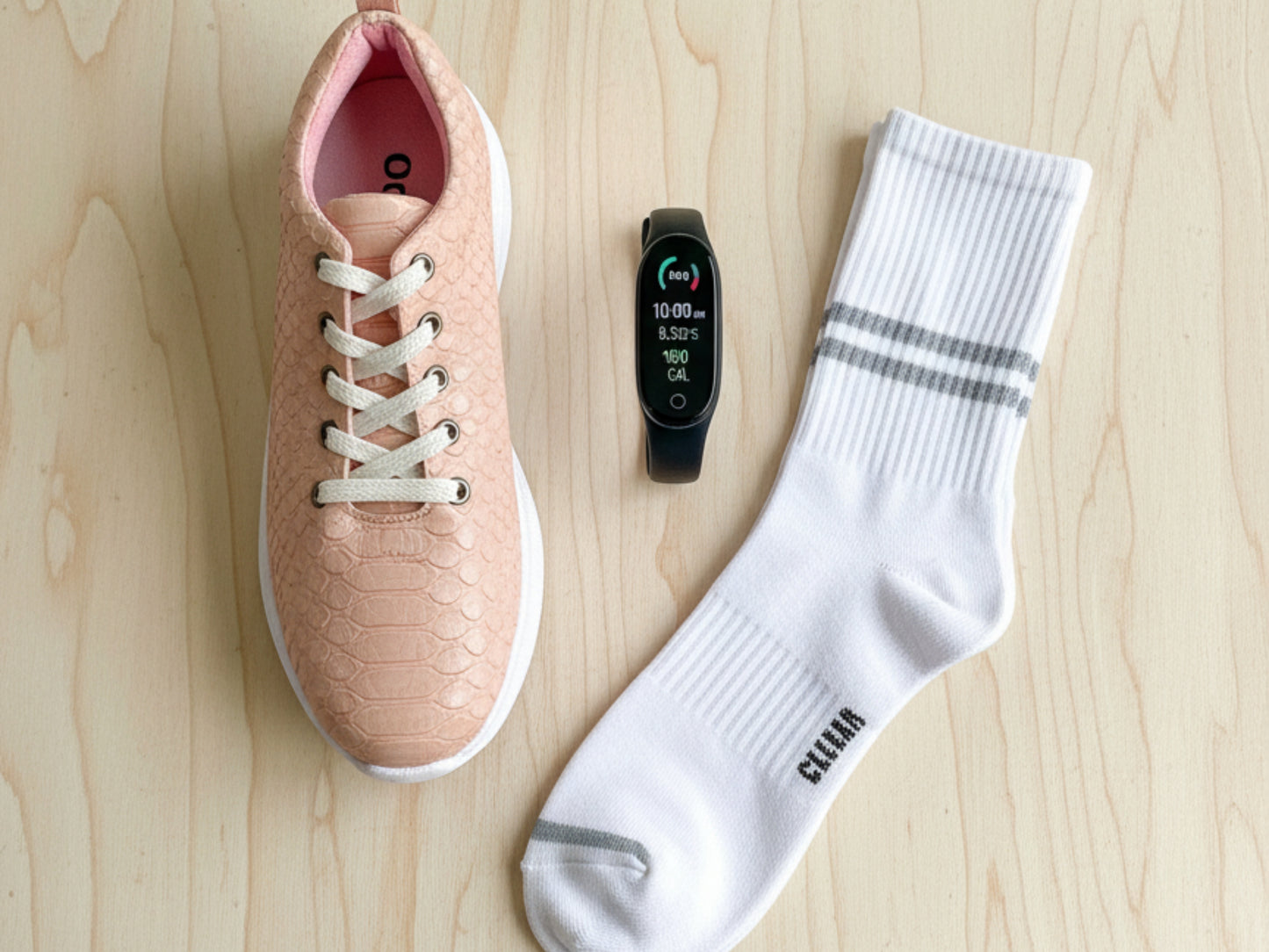 Pink sneaker, black smartwatch, and white socks on a wooden surface