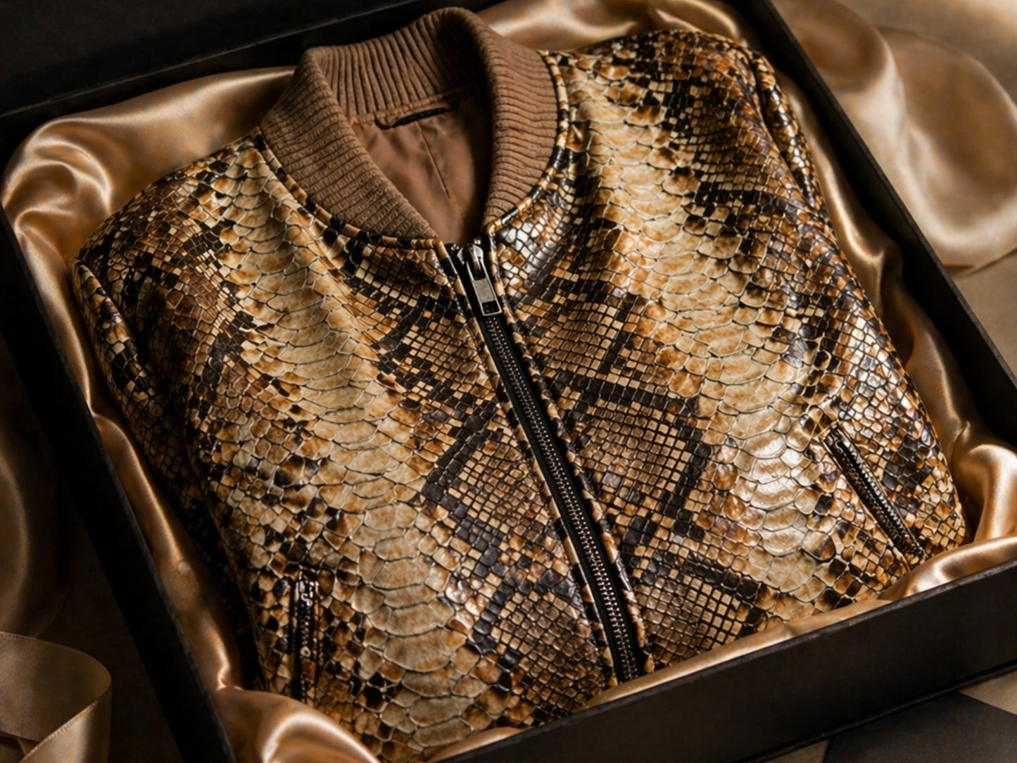 Brown Python Snakeskin Cropped Bomber Jacket