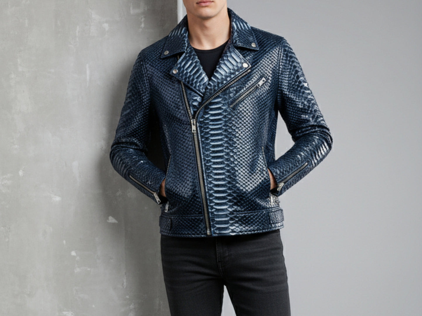 Genuine Python Snakeskin Biker Jacket: Blue Exotic Leather Motorcycle Jacket