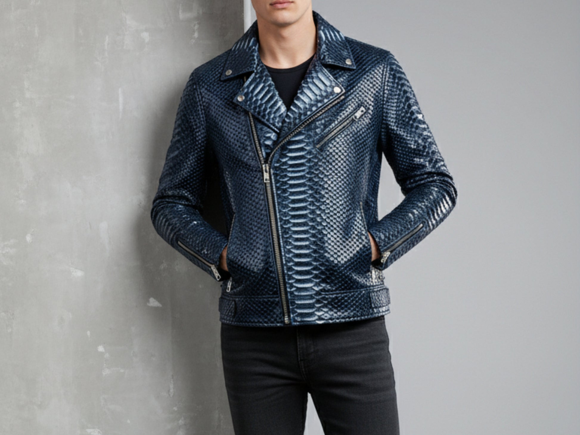 Genuine Python Snakeskin Biker Jacket: Blue Exotic Leather Motorcycle Jacket