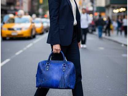 Person holding a blue handbag on a city street with taxis in the background