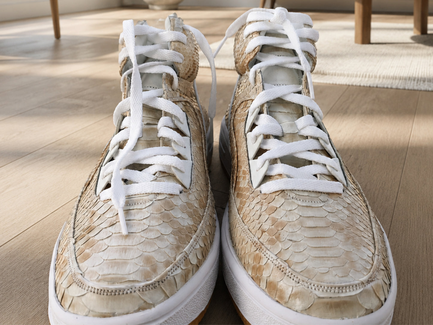 Beige Python Snakeskin Leather High-Top Sneakers