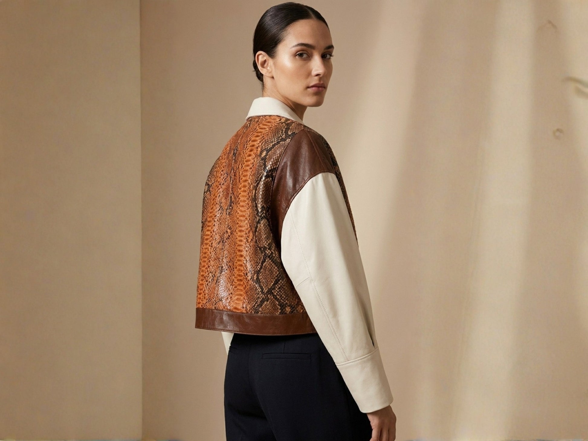 Cream Cognac Genuine Python Snakeskin Lambskin Double Breasted Blazer