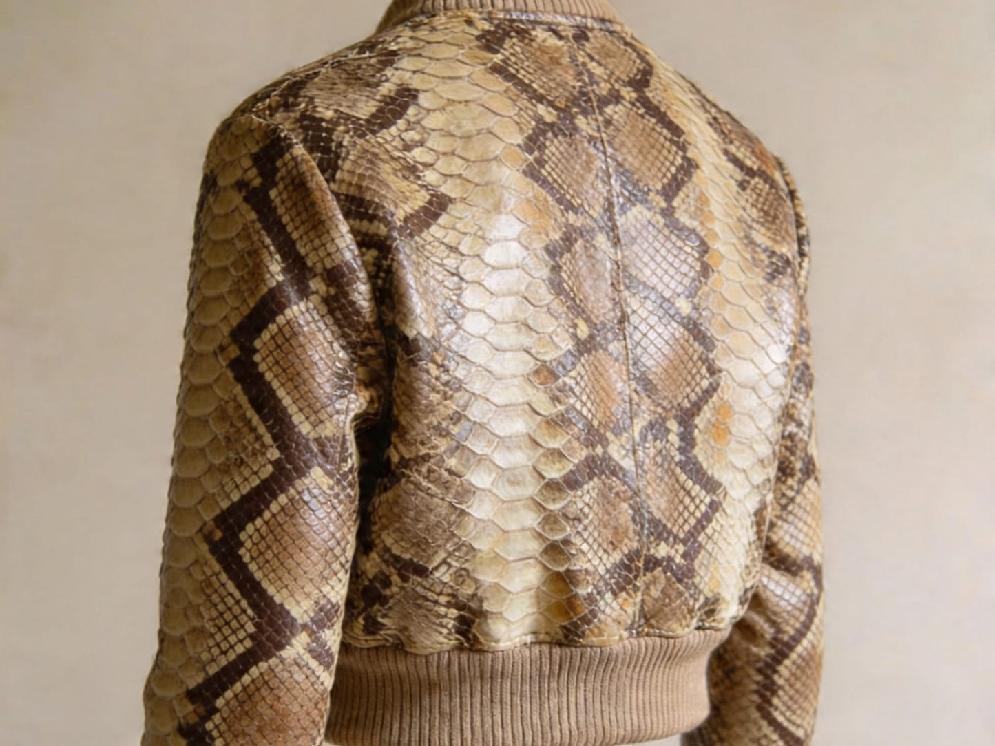 Brown Python Snakeskin Cropped Bomber Jacket